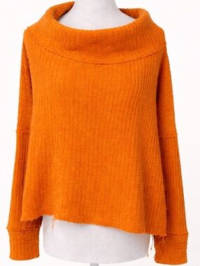 Free People Thermal Top Small Orange Cowl Neck Waffle Knit 100% Cotton EUC
